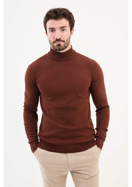 Dokulu Kiremit Rengi Slim Fit Yarım Balıkçı Yaka Erkek Triko Kazak