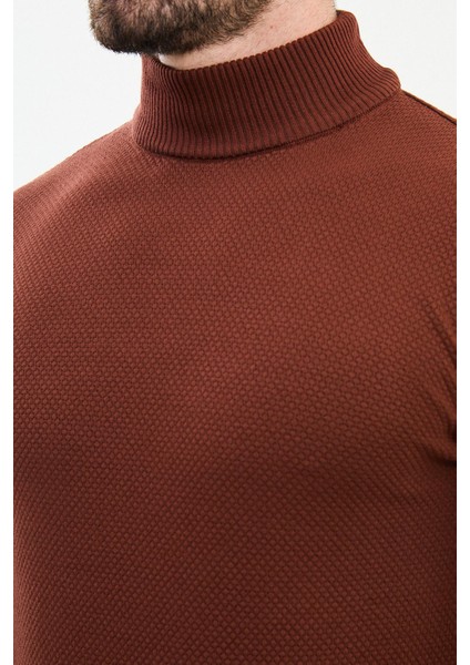 Dokulu Kiremit Rengi Slim Fit Yarım Balıkçı Yaka Erkek Triko Kazak fiyatları