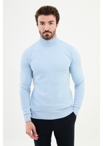 Dokulu Mavi Slim Fit Yarım Balıkçı Yaka Erkek Triko Kazak