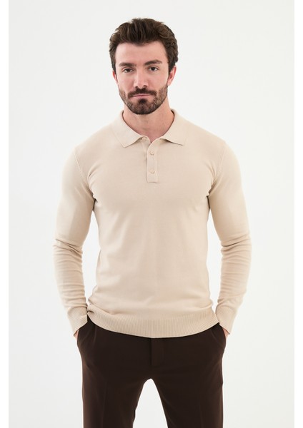 Düz Bej Slim Fit Polo Yaka Erkek Triko Kazak