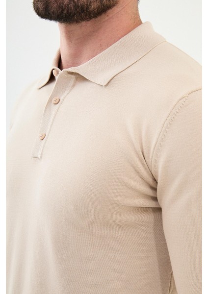 Düz Bej Slim Fit Polo Yaka Erkek Triko Kazak