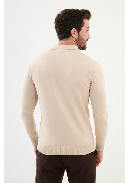 Düz Bej Slim Fit Polo Yaka Erkek Triko Kazak