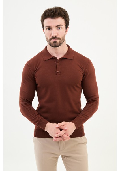 Düz Kiremit Rengi Slim Fit Polo Yaka Erkek Triko Kazak