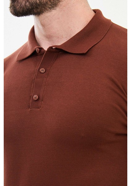 Düz Kiremit Rengi Slim Fit Polo Yaka Erkek Triko Kazak fiyatları