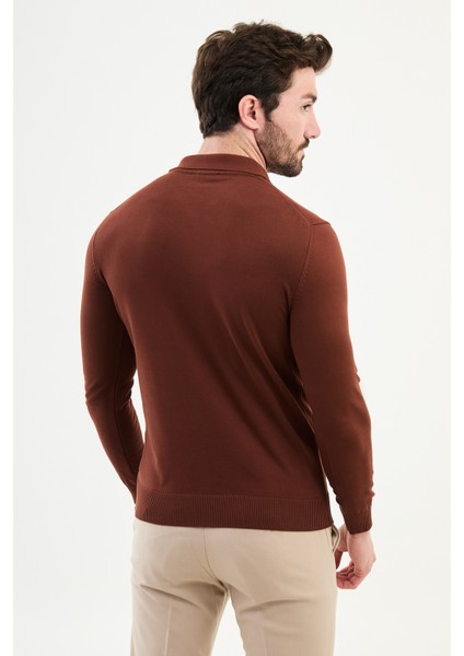 Düz Kiremit Rengi Slim Fit Polo Yaka Erkek Triko Kazak modelleri