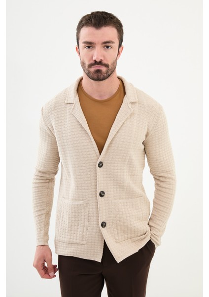 Desenli Bej Slim Fit Erkek Triko Ceket