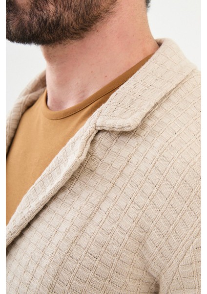 Desenli Bej Slim Fit Erkek Triko Ceket
