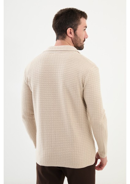 Desenli Bej Slim Fit Erkek Triko Ceket