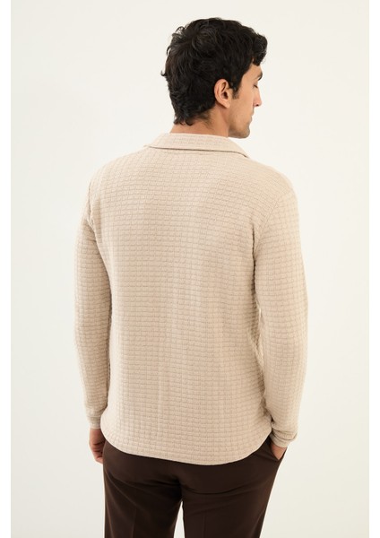 Desenli Bej Slim Fit Erkek Triko Ceket