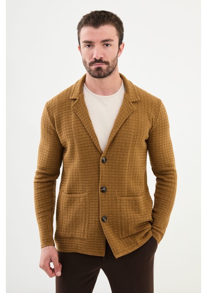 Desenli Kamel Rengi Slim Fit Erkek Triko Ceket