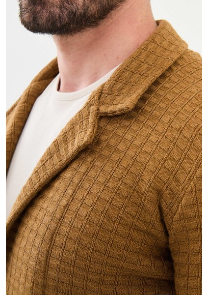 Desenli Kamel Rengi Slim Fit Erkek Triko Ceket