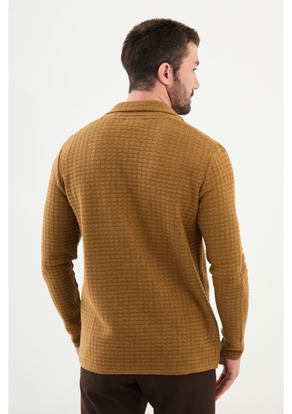 Desenli Kamel Rengi Slim Fit Erkek Triko Ceket
