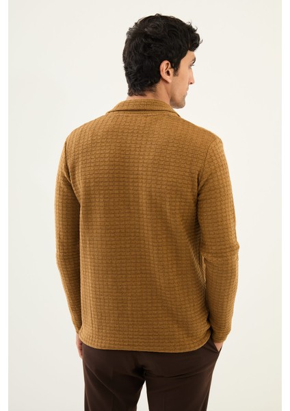 Desenli Kamel Rengi Slim Fit Erkek Triko Ceket