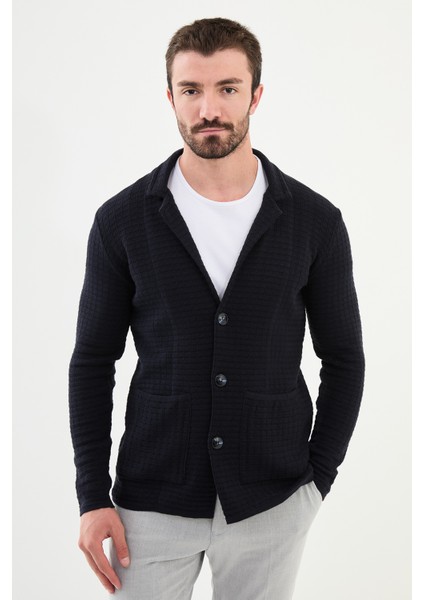 Desenli Lacivert Slim Fit Erkek Triko Ceket