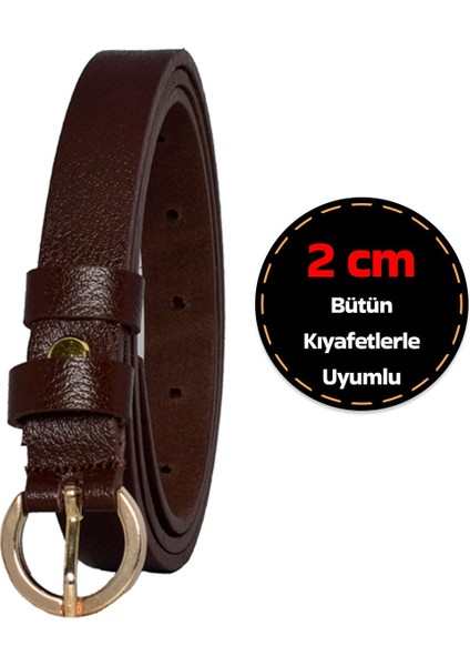 Deri, Renk Tokalı Ince 2 cm Koyu Kahverengi Kadın Kemeri; Elbise, Pantolon Kemeri_kilit