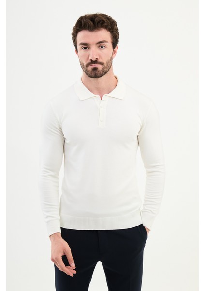 Düz Ekru Slim Fit Polo Yaka Erkek Triko Kazak