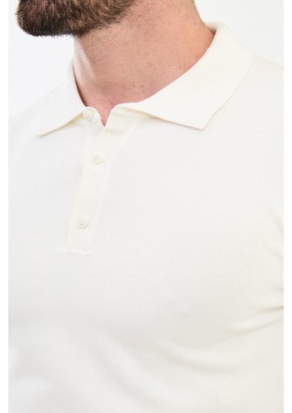Düz Ekru Slim Fit Polo Yaka Erkek Triko Kazak fiyatları