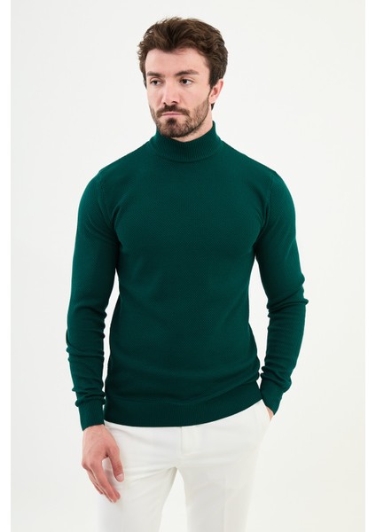 Dokulu Zümrüt Rengi Slim Fit Yarım Balıkçı Yaka Erkek Triko Kazak