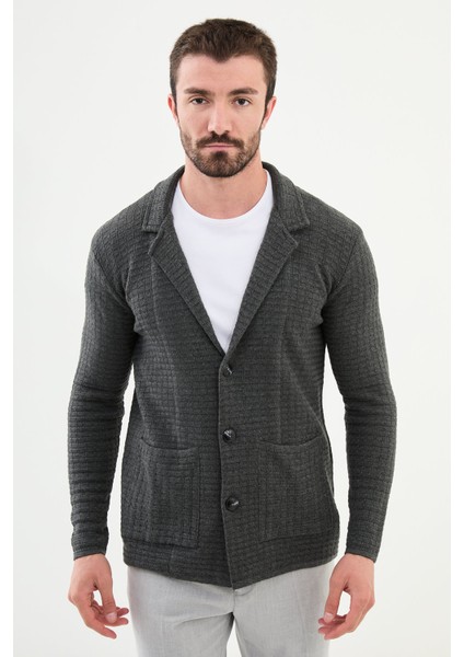 Desenli Antrasit Slim Fit Erkek Triko Ceket