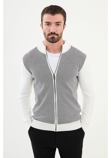 Desenli Ekru Slim Fit Hakim Yaka Yün Erkek Hırka