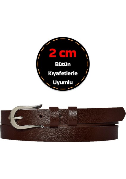 Deri, Gümüş Tokalı Ince 2 cm Koyu Kahverengi Kadın Kemeri; Elbise, Pantolon Kemeri_atnl