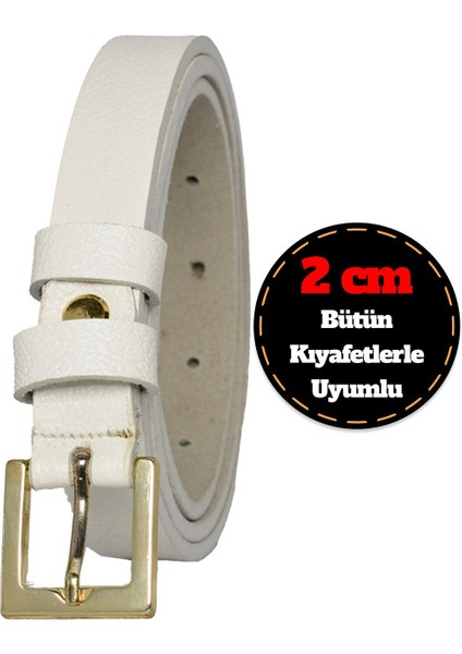 Deri, Gold Renk Tokalı Ince 2 cm Süt Beyaz Kadın Kemeri; Elbise, Pantolon Kemeri_kare