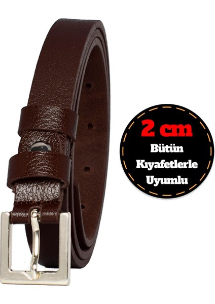 Deri, Gümüş Tokalı Ince 2 cm Koyu Kahverengi Kadın Kemeri; Elbise, Pantolon Kemeri_kare