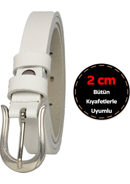 Deri, Gümüş Tokalı Ince 2 cm Süt Beyaz Kadın Kemeri; Elbise Kemeri, Pantolon Kemeri_atn