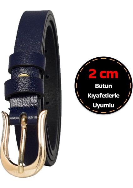 Deri, Gold Renk Tokalı Ince 2 cm Lacivert Kadın Kemeri; Elbise, Pantolon Kemeri_atnlı