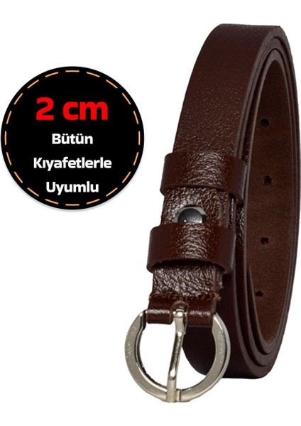 Deri, Gümüş Tokalı Ince 2 cm Koyu Kahverengi Kadın Kemeri; Elbise, Pantolon Kemeri_kilt