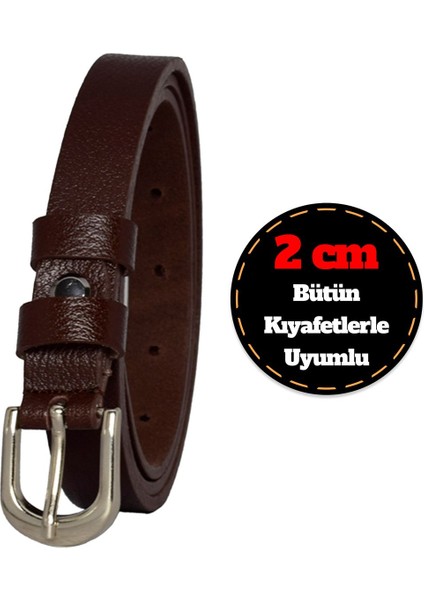 Deri, Gümüş Tokalı Ince 2 cm Koyu Kahverengi Kadın Kemeri; Elbise, Pantolon Kemeri_düz