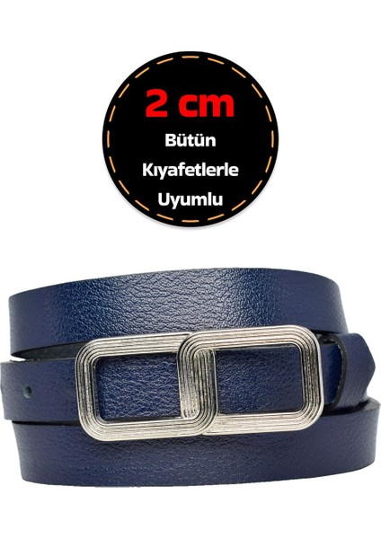 %100 Hakiki Deri, Gümüş Tokalı Ince 2 cm Lacivert Kadın Kemeri; Elbise Kemeri, Pantolon Kemeri_gözl