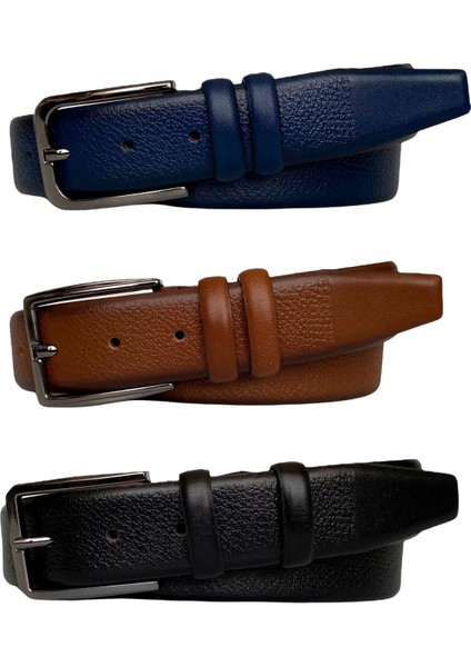 %100 Hakiki Deri 3'lü Set 3,5 cm Kumaş Pantolon Kemeri; Siyah, Kahverengi, LACIVERT=3LÜ.142-143-144