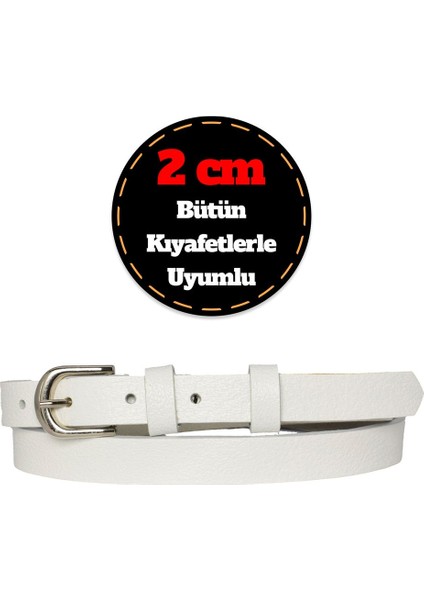 Deri, Gümüş Tokalı Ince 2 cm Süt Beyaz Kadın Kemeri; Elbise Kemeri, Pantolon Kemeri_düz