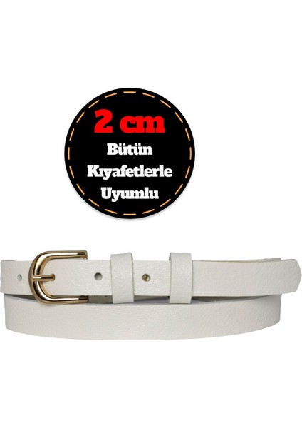 Deri, Gold Renk Tokalı Ince 2 cm Süt Beyaz Kadın Kemeri; Elbise, Pantolon Kemeri_düz