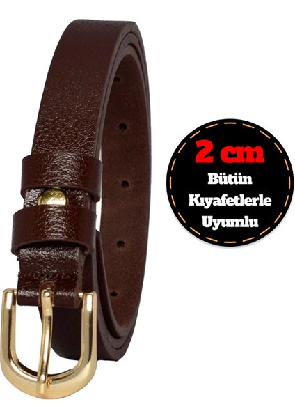 %100 Hakiki Deri, Renk Tokalı Ince 2 cm Koyu Kahverengi Kadın Kemeri; Elbise, Pantolon Kemeri_düz