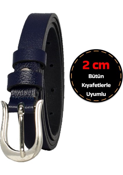 Deri, Gümüş Tokalı Ince 2 cm Lacivert Kadın Kemeri; Elbise Kemeri, Pantolon Kemeri_atnl
