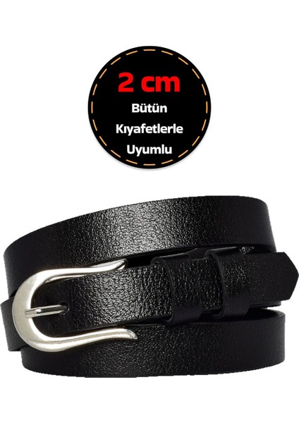 Deri, Gümüş Tokalı Ince 2 cm Siyah Kadın Kemeri; Elbise Kemeri, Pantolon Kemeri_atnlı