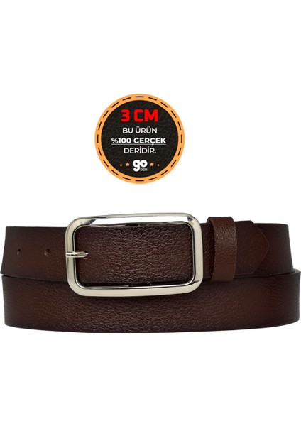 %100 Hakiki Deri, Gümüş Tokalı Koyu Kahverengi 3 cm Kadın Kemeri, Pantolon Kemeri, 3CMKDN50