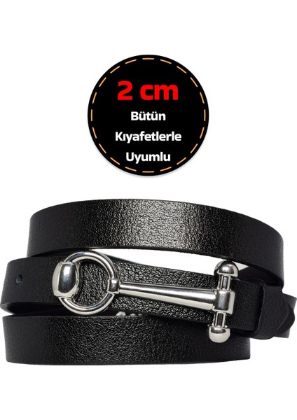 Deri, Gümüş Tokalı Ince 2 cm Siyah Kadın Kemeri; Elbise Kemeri, Pantolon Kemeri_anhtr