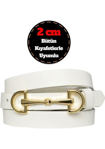 Deri, Gold Renk Tokalı Ince 2 cm Süt Beyaz Kadın Kemeri; Elbise, Pantolon Kemerid&d