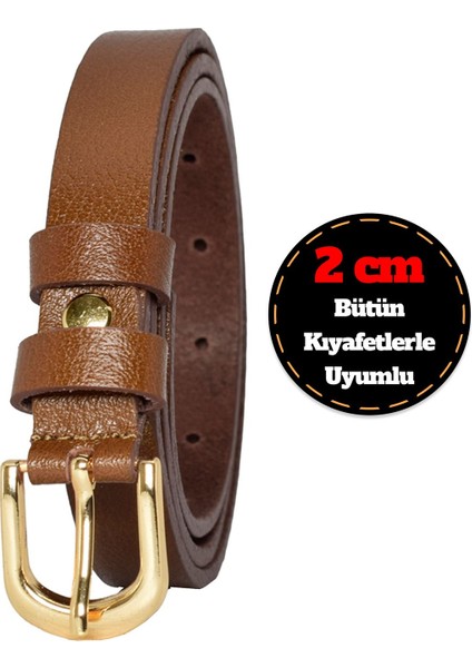 Deri, Renk Tokalı Ince 2 cm Açık Kahverengi Kadın Kemeri; Elbise, Pantolon Kemeri_düz