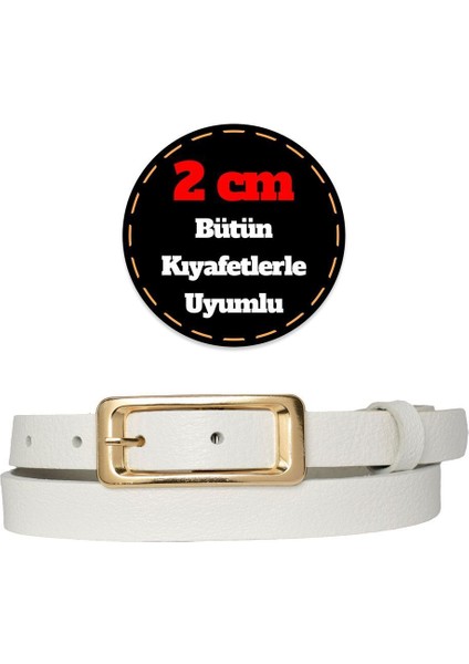 Deri, Gold Renk Tokalı Ince 2 cm Süt Beyaz Kadın Kemeri; Elbise, Pantolon Kemeri_dikd