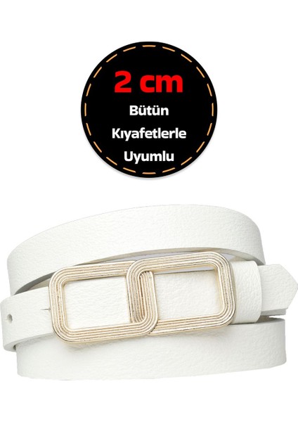 Deri, Gold Renk Tokalı Ince 2 cm Süt Beyaz Kadın Kemeri; Elbise, Pantolon Kemeri_gözlük