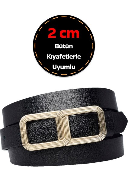 Deri, Gold Renk Tokalı Ince 2 cm Siyah Kadın Kemeri; Elbise, Pantolon Kemeri_gözlük