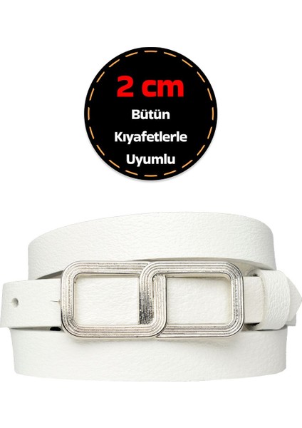 Deri, Gümüş Tokalı Ince 2 cm Süt Beyaz Kadın Kemeri; Elbise Kemeri, Pantolon Kemeri_gözl
