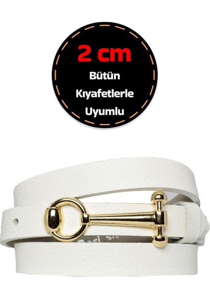 Deri, Gold Renk Tokalı Ince 2 cm Süt Beyaz Kadın Kemeri; Elbise, Pantolon Kemeri_anht