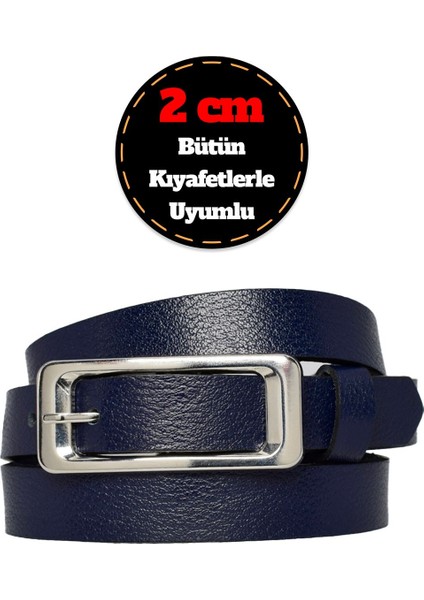 Deri, Gümüş Tokalı Ince 2 cm Lacivert Kadın Kemeri; Elbise Kemeri, Pantolon Kemeri_dikd