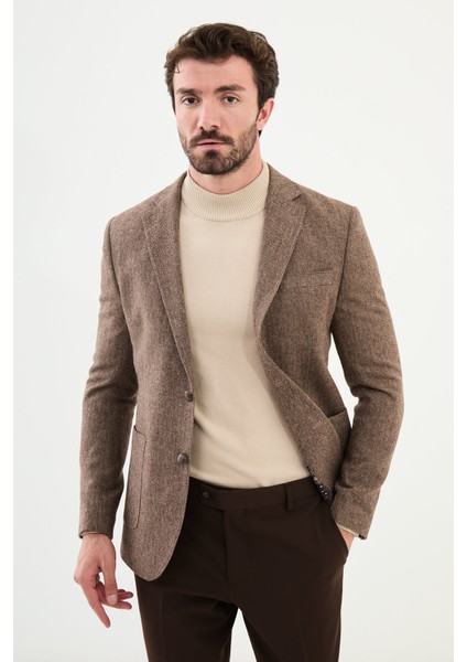 Desenli Kahverengi Slim Fit Mono Yaka Klasik Yün Erkek Ceket modelleri