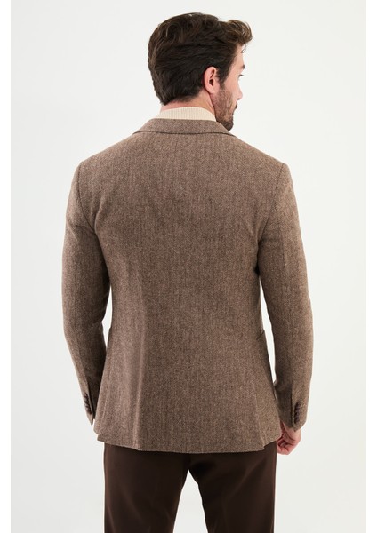 Desenli Kahverengi Slim Fit Mono Yaka Klasik Yün Erkek Ceket fırsatları
